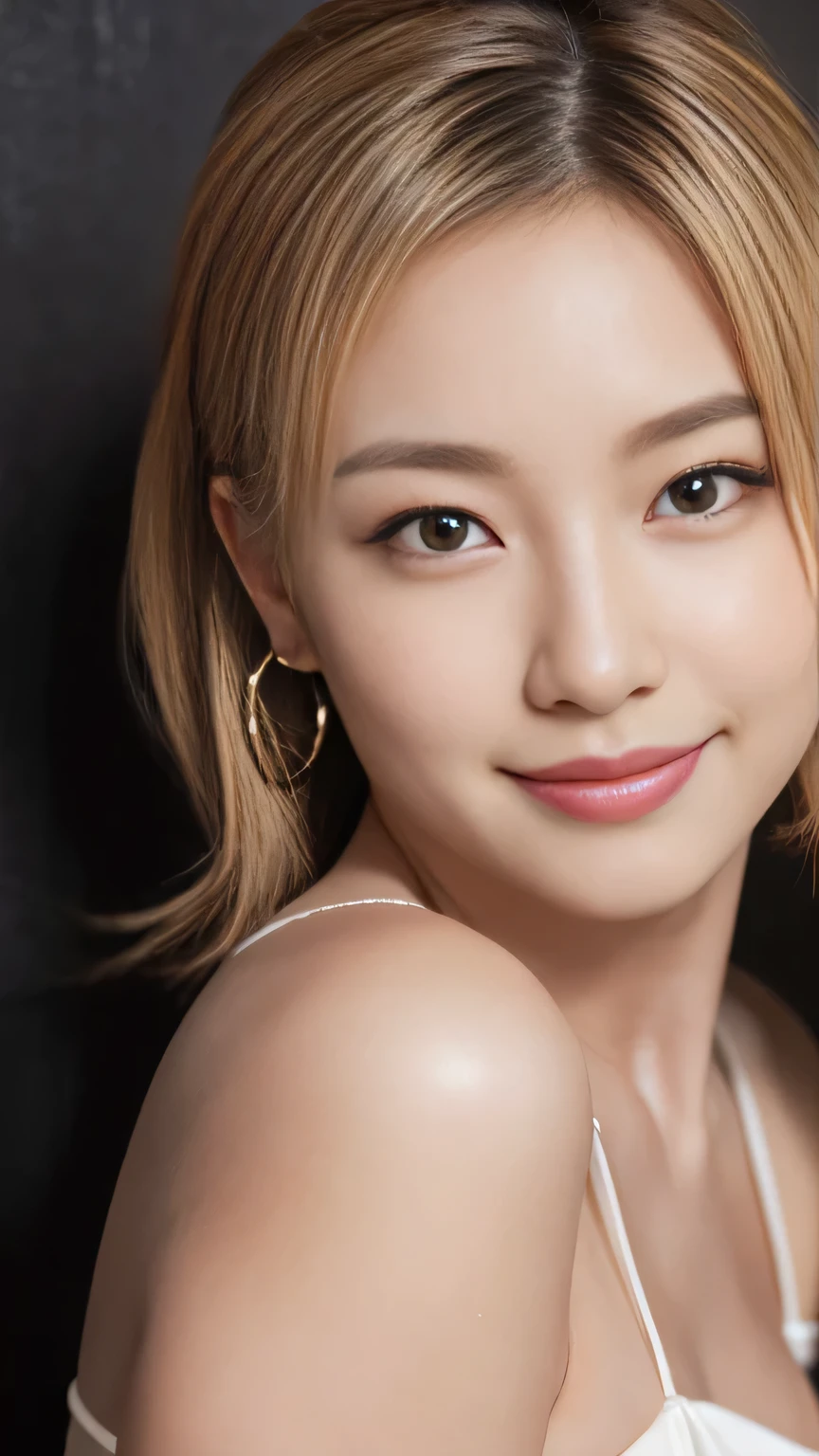 (Highest quality, Flying debris, Realistic photos, Very detailed, Ultra-high resolution, to be born:1.3), (1 female, Beautiful Japanese actresses, 2), (A shy smile), Detailed face,Flashy makeup using red eyeshadow,Large ring earrings,Light blonde delicate medium cut hair,The tips of the hair are wavy,Elegant hairstyle,Beautiful Eyes, Slender actress,Small , (mini skirt dress), ( From beh de d), A glimpse of white panties