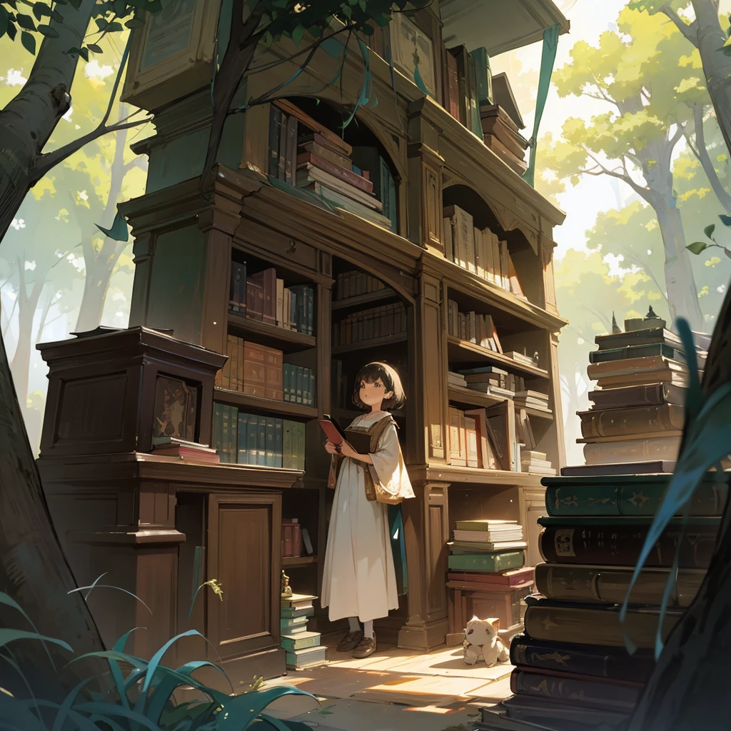 Discovering the Library:Lila finding an ancient, hidden library nestled among the trees, with cobweb-covered shelves and dusty books.