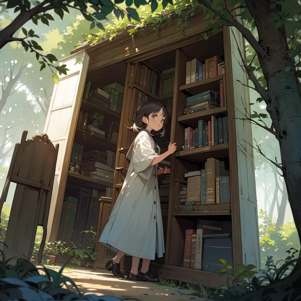Discovering the Library:Lila finding an ancient, hidden library nestled among the trees, with cobweb-covered shelves and dusty books.