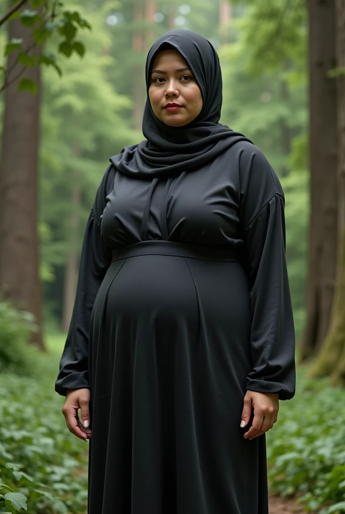 Giant Woman in hijab, big boobs, thick thighs, standing in forest
