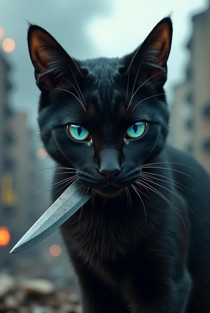 A black cat with blue eyes holding a knife in its mouth. Apocalypse in the city. Close-up.