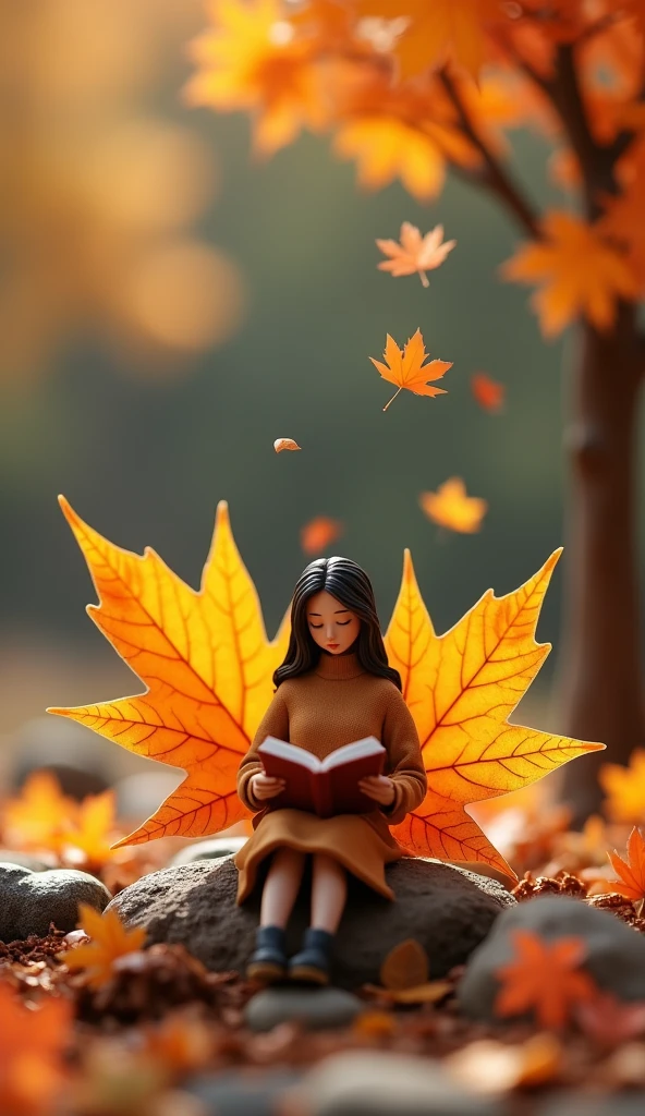 top view,Miniature landscape,Miniature photography, clay material,Simple scene,Imagine,A women is sitting on a maple leaf reading a book, Maple leaves are falling from the sky,, macro photography, the background is blurred. The high quality, ultra-high resolution images show bright colors and strong light.