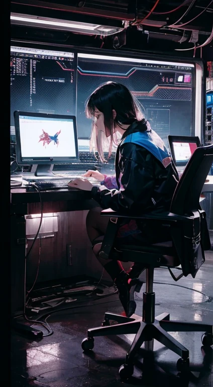 -Girl Flying Through the Air Next to a Laptop,Cyberpunk,Juan Gimenez,Digital Node,Dream Energy,Hack Into Mainframe,CRT Filter,Spiral,Cyber Wear,Connected Human Beings,Connectedness-