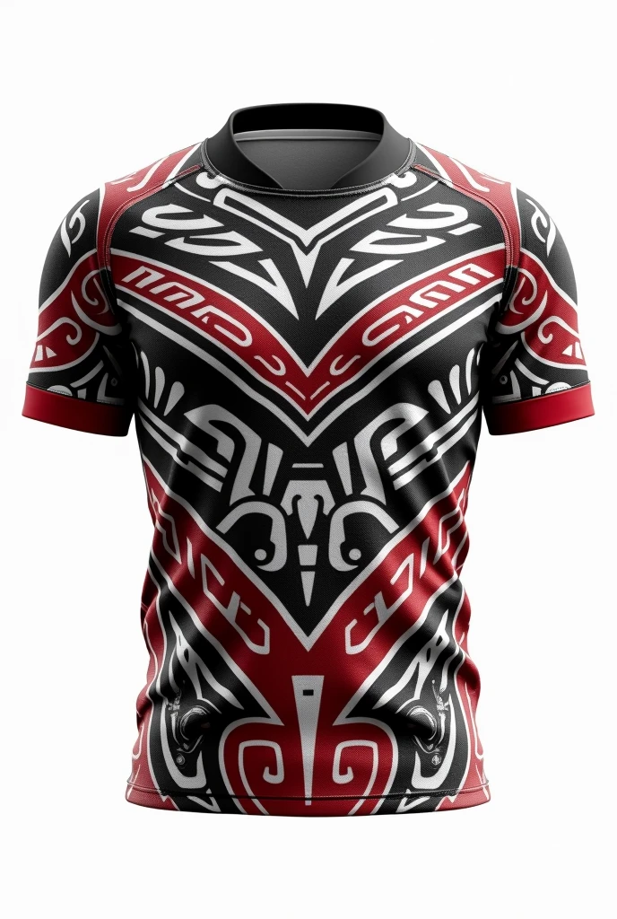 Create rugby jersey maori  tribe full  pattern black white red  at sleeve  retro black collar white background front and back design side by two side  clear design  at centre wrote MSSD BERA RUGBY