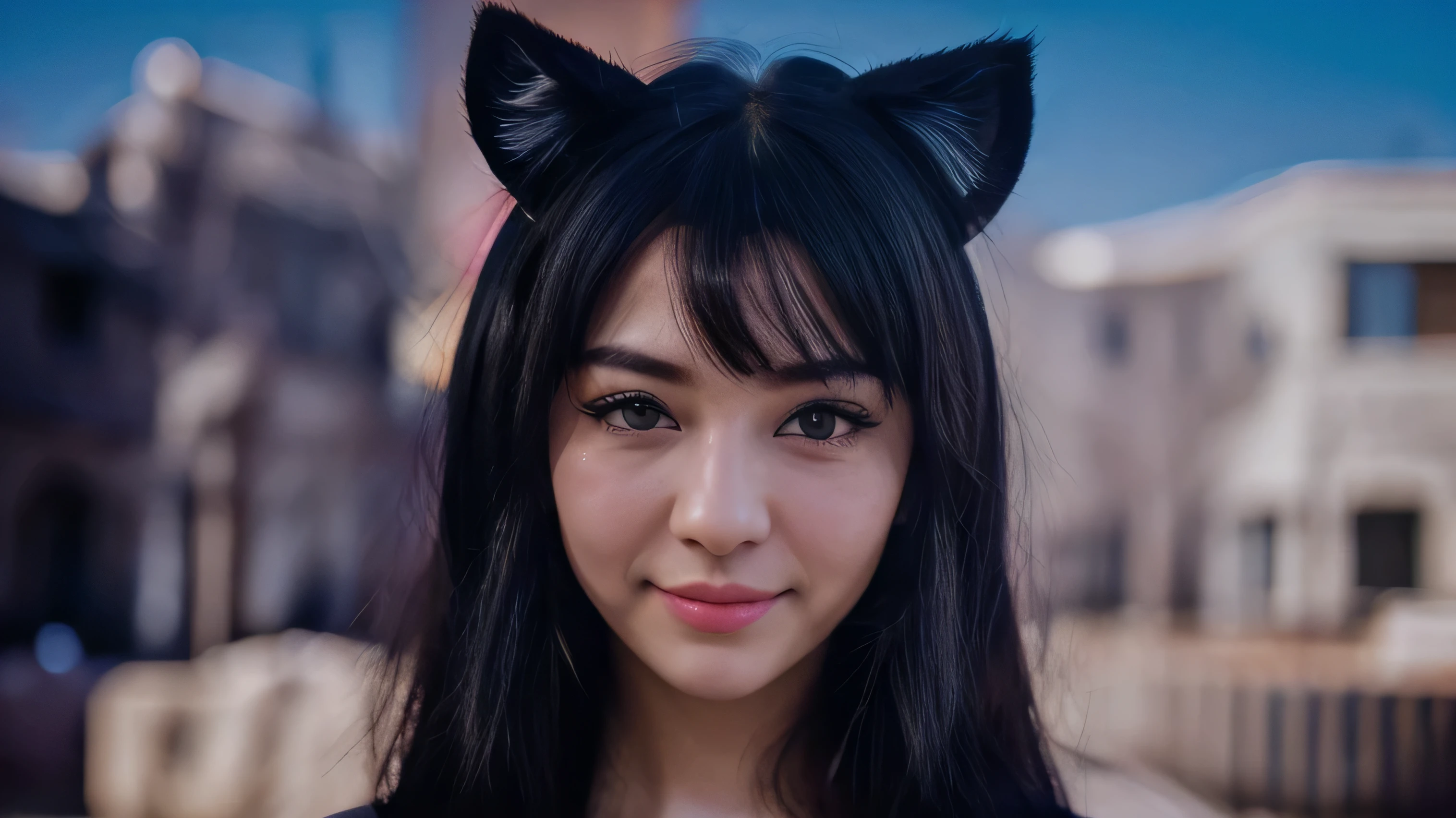 black hair, hair bobbles, wince, longeyelashes, solid circle eyes, fake animal ears, light smile, ear blush, fang, ccurate, Surrealism, drop shadow, anaglyph, stereogram, tachi-e, pov, atmospheric perspective, 8k, super detail