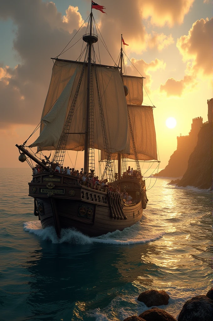 Sea Dog ship returning to England**: The Sea Dog ship, heavily laden with treasure, sails back towards the English coast, where cliffs and a castle are visible in the distance, bathed in the golden light of dawn.