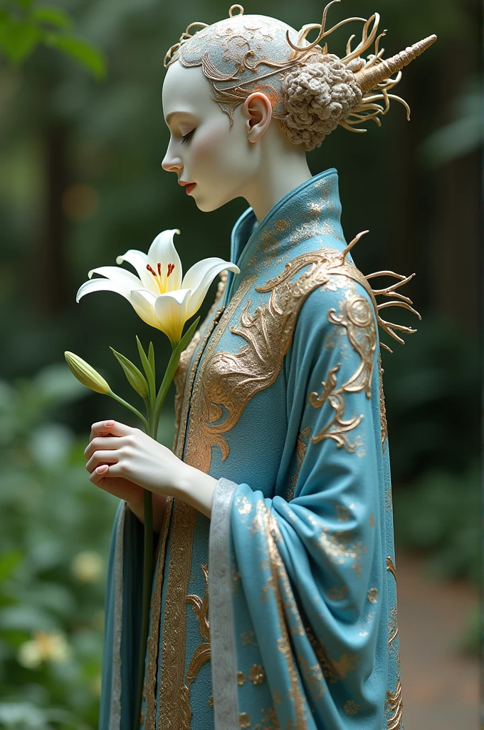Genderless statue with multiverse inspired outfit holding a lily