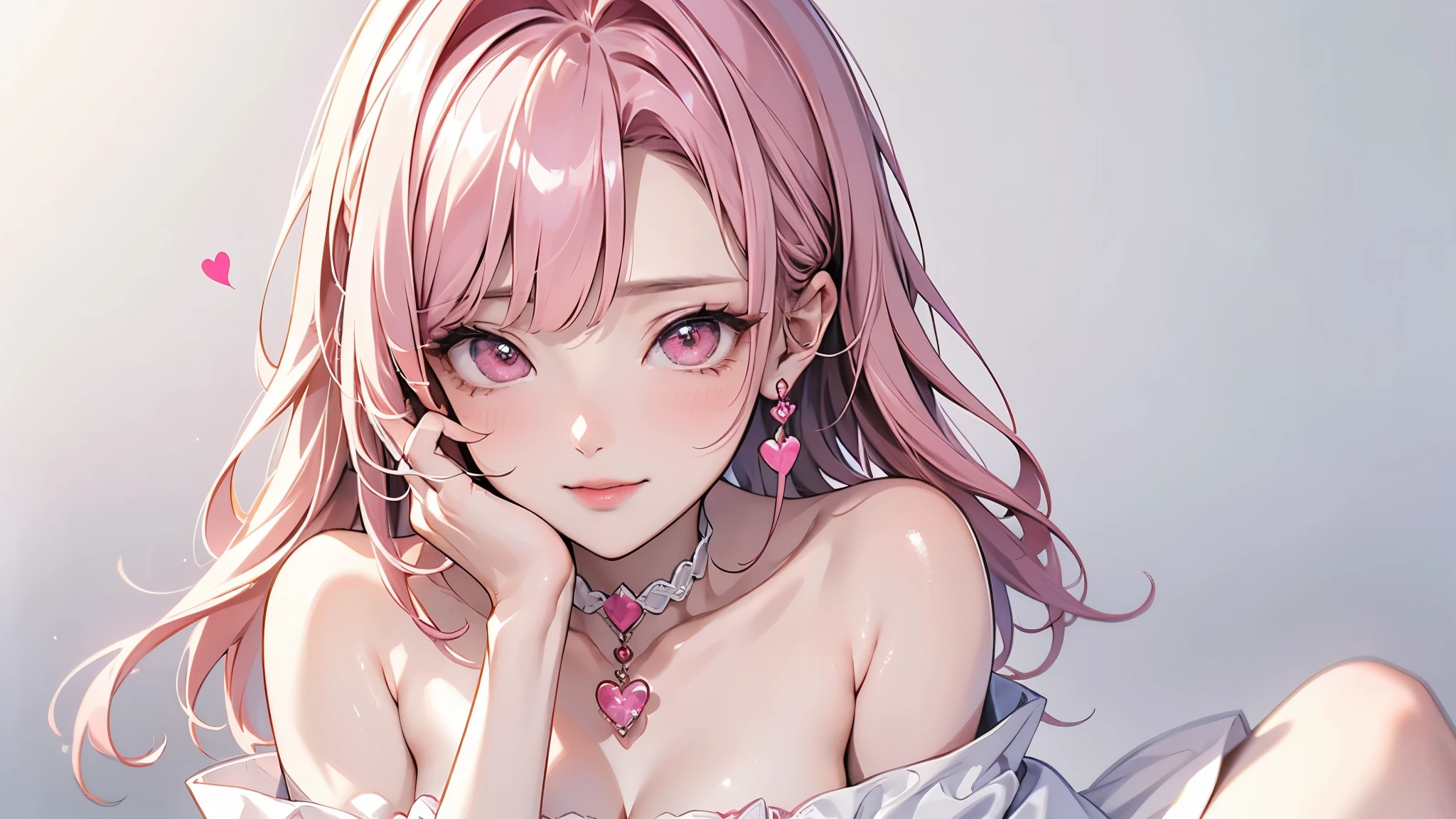 high resolution,smile,woman,woman1人,adult,Clear,cute,Put your hand on your cheek,
blunt bangs,Pink Hair,BREAK, Pink eyes,BREAK,
White off-shoulder top,Pink checkered pleated skirt,BREAK,
Heart Hairpin,Ring of Hearts,Sparklingのピアス,Lace choker,BREAK,
Facing forward,Sparkling,dreamy,BREAK,Pink hearts fluttering on a white background,