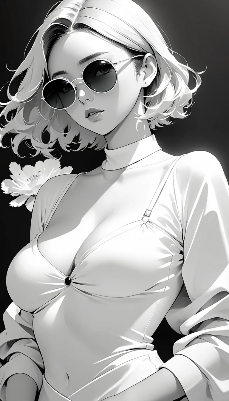 masterpiece,Highest quality,detailed,Perfect composition,Superior Quality,HD wallpaper,Young woman wearing crimson sunglasses,Big and round breasts,figure,With black aesthetics、Anime aesthetic style,It was incredibly beautiful.,Black Pearl and Mint,Monochrome minimalist portrait,Pop artistic sense,whole body,dynamic,Lonely,Posing with hands on chest,