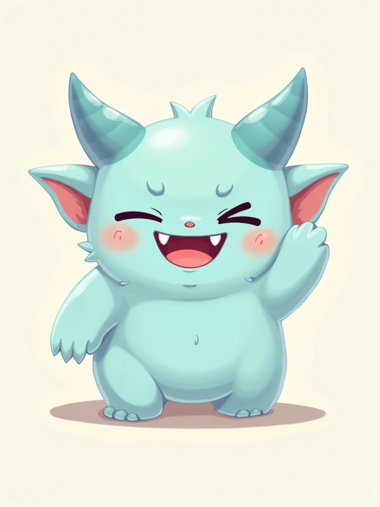 a light blue kawaii oni with a wobbly mouth and dizzy eyes