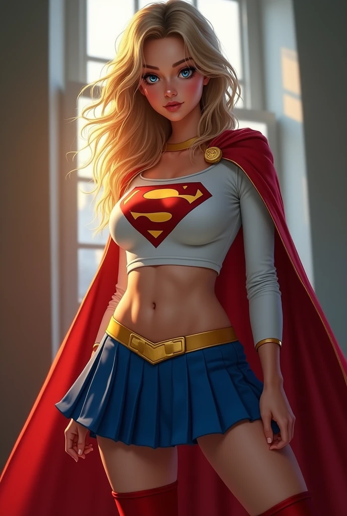 full view of A SEXY AGE FEMALE WITH DARK BLUE EYES AND MEDIUM MESSY GOLDEN BLONDE HAIR WEARING A CLASSIC WHITE SUPERGIRL LONG SLEEVED CROP TOP COSTUME, A SHORT BLUE PLEATED SKIRT WITH A YELLOW SUPERGIRL BELT, RED HIGH HEELED SUPERGIRL BOOTS, AND SHORT RED SUPERGIRL CAPE WITH YELLOW TRIM. large breasts, incredibly detailed skin and eyes, seductive poses, 8K resolution, masterpiece, ultra-detailed, realistic, photo-realistic, vivid colors, dramatic lighting,