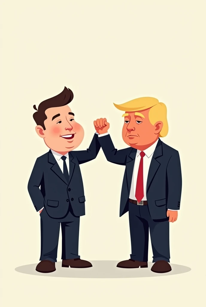 Elon musk with Trump, Elon musk holds Trump's hand victoriously, Trump wins, Minimalist cartoon drawing,Big head, sleepy body