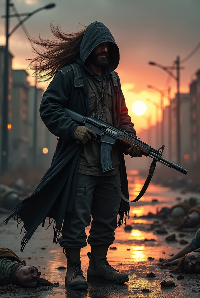 A men with 5 inch hair, wearing black hooded cardigan, upgraded ak-47 in one hand, looking at the wet road, dead bodies r on the ground, bloody sky, black clouds, rising sun, hair is voloumized and flowing in wind, view from black