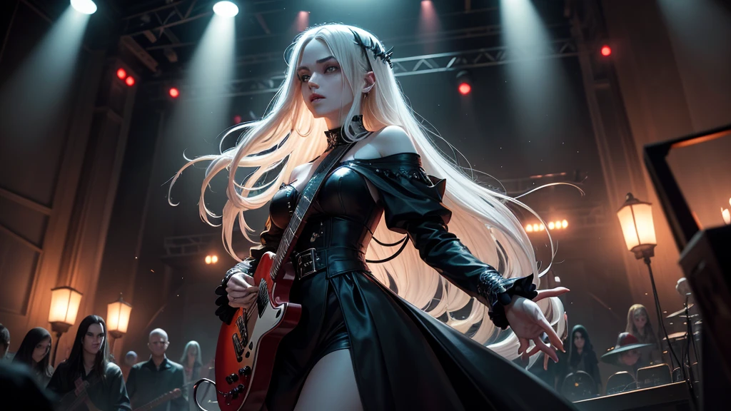 Imagine an incredibly beautiful woman, a vampire with porcelain skin and long, flowing black hair that cascades down her back like a night waterfall. Your eyes shine with an unearthly intensity, two glowing red orbs that seem to burn with an inner fire. She is on a dimly lit stage, surrounded by a halo of spotlights that cast an eerie glow over her pale skin. In your hands, she holds a sleek black electric guitar, its body adorned with intricate gothic carvings that seem to glow and sparkle in the light. The guitar neck is long and thin, perfect for your delicate, vampiric fingers to dance. While she plays, the strings seem to scream and wail, the sound waves pulsing through the air like a living thing. The stage is set with a backdrop of dark and crimson curtains, that seem to wave and sway in the wind like a dark, malevolent entity. The floor is covered in a sea of Marshall amplifiers, their stacks towering above the vampire like sentinels of sound. The air is thick with the smell of sweat, smoke and ozone, the very electric atmosphere of anticipation. Lighting is a key element of the scene, with spotlights and strobe lights casting an unearthly glow over the vampire and her instrument. The lights appear to pulse and strobe in time with the music, Creating a hypnotic effect, trance-like, in the audience. The general mood is one of high-energy excitement, the vampire's music is contagious and impossible to resist. The vampire's gaze is direct, his eyes fix on the viewer with an unnerving intensity. His expression is one of fierce concentration, her brow furrowed in effort as she blasts out the complex, intricate riffs of her heavy metal song. His lips are curled into a snarl, revealing razor-sharp fangs that seem to glow with an inner light. She wears a black leather jacket, adorned with metal studs and pointed shoulders