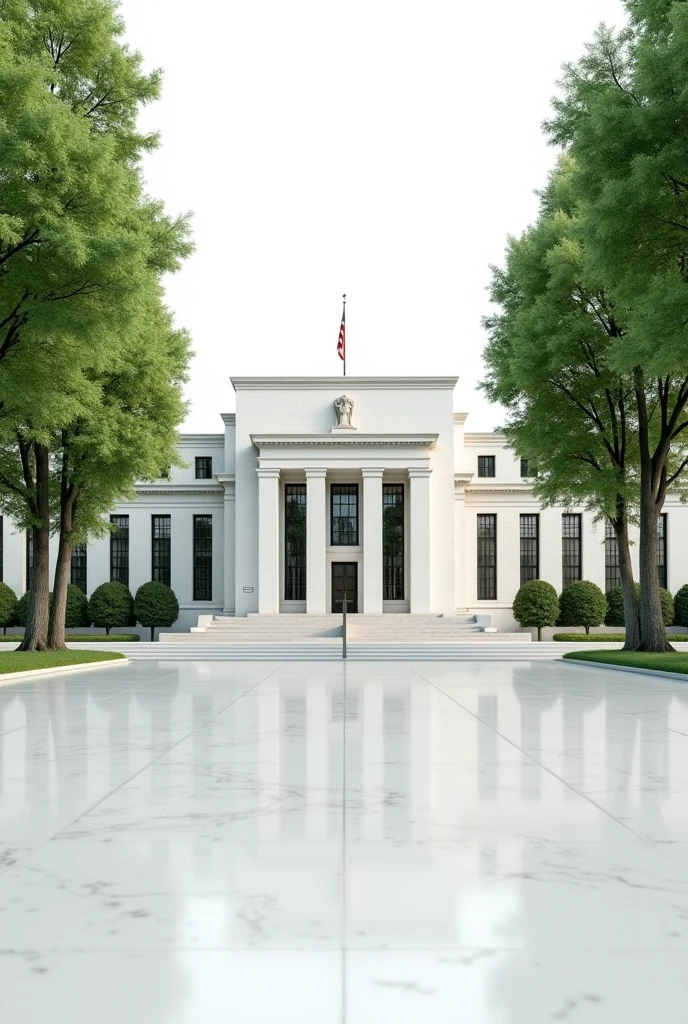 A fedral reserve bank with clear white background. And little green trees with full structure of bank.