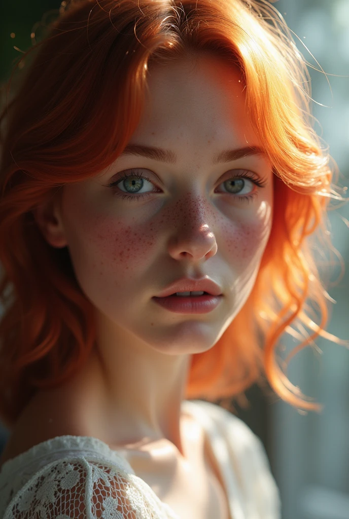 girl, 17 y.o, redhead, Freckles, only blushed flirting eyes visiblevery Detailed, awesome Quality, reflecting, luminescent, translucent, Ethereal, very detailed, uhd, masterpiece, White smoke, light beams through smoke, full body