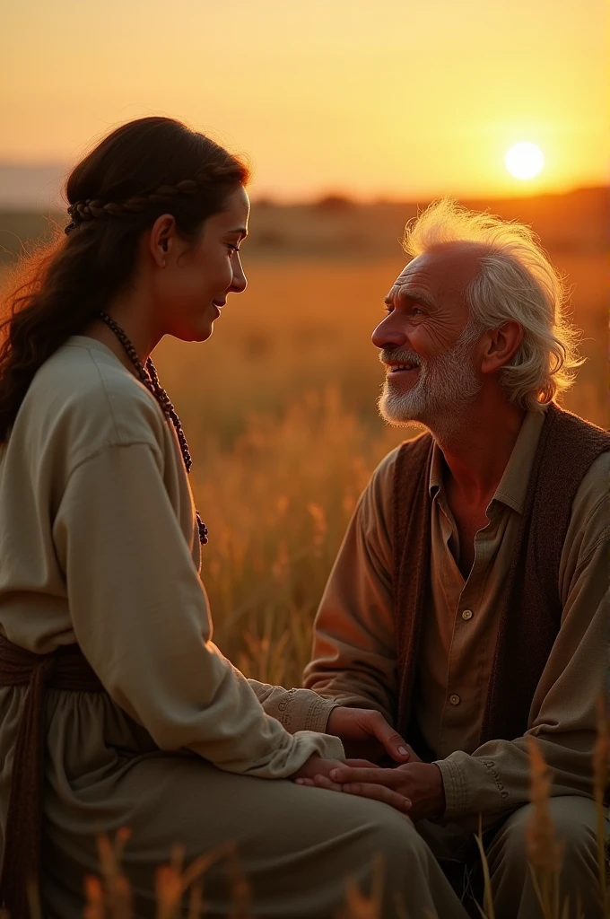 An elderly man with kind eyes and a gentle smile approaches Maya. He is dressed in simple, rustic clothing, and he kneels beside her, offering comforting words as the golden light of the setting sun creates a warm glow around them.