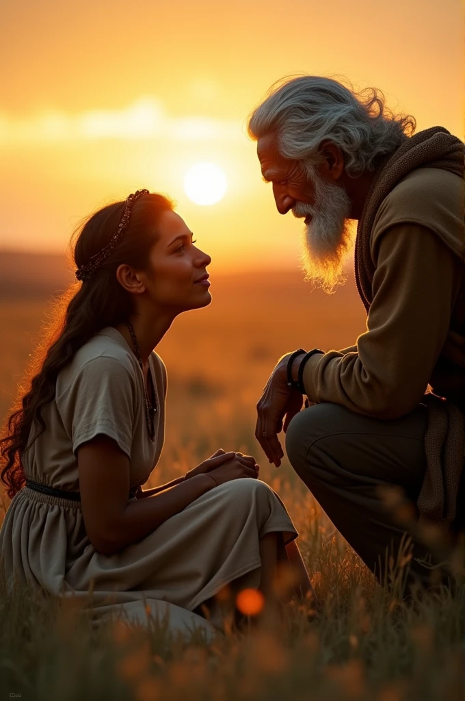 An elderly man with kind eyes and a gentle smile approaches Maya. He is dressed in simple, rustic clothing, and he kneels beside her, offering comforting words as the golden light of the setting sun creates a warm glow around them.