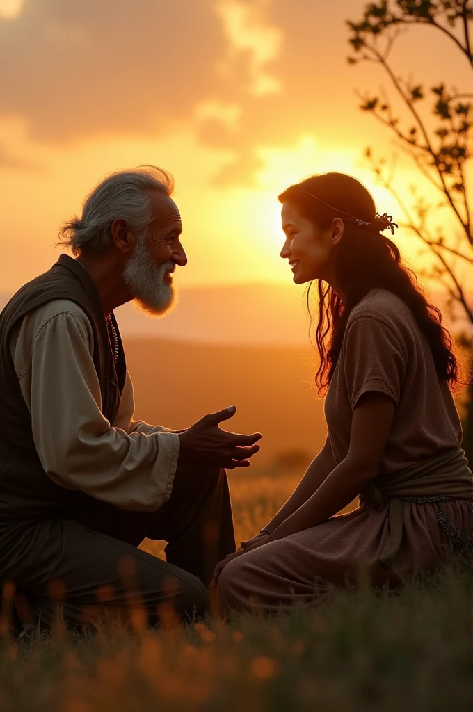 An elderly man with kind eyes and a gentle smile approaches Maya. He is dressed in simple, rustic clothing, and he kneels beside her, offering comforting words as the golden light of the setting sun creates a warm glow around them.