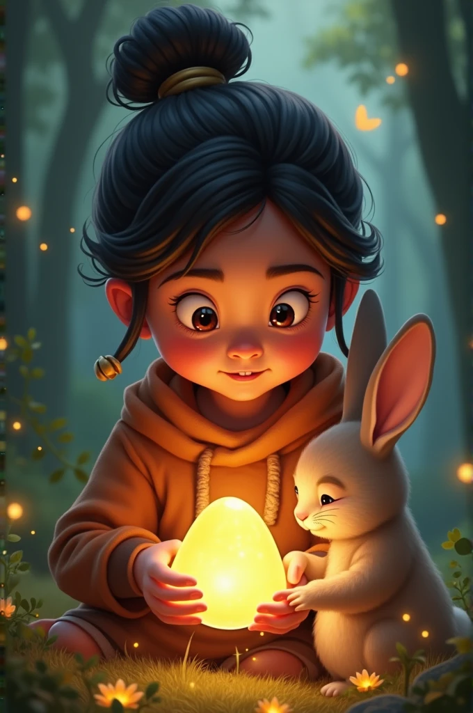 Ali making a wish with the magical stone, asking for the rabbit's eternal happiness.