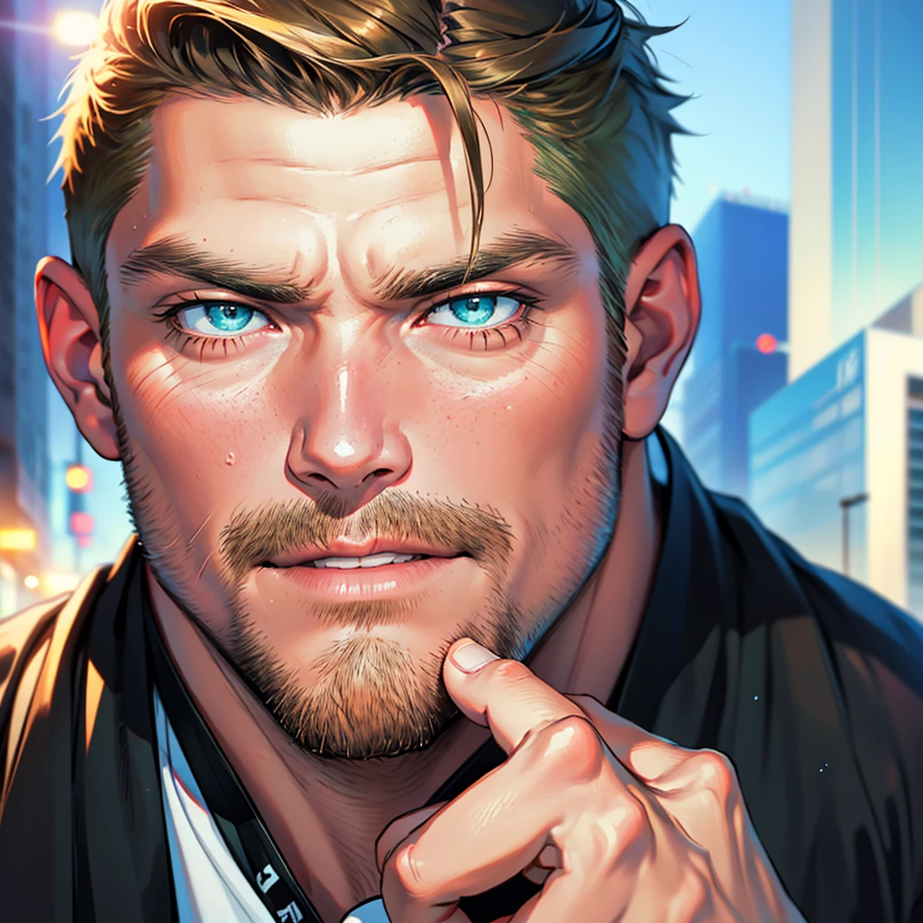 (Best Quality,32k,high resolution,Masterpiece),ultra detailed,(realist,photorealist,photo-realist),1 man Stephen Amell,45 years,mature man,very hund and handsome with well groomed facial hair,without expression,muscled body,short dark blond hair,Blue green  eyes,glare,perfect face without mistakes,imposing posture,businessman,office background,cinematic lighting,imagen HDR
