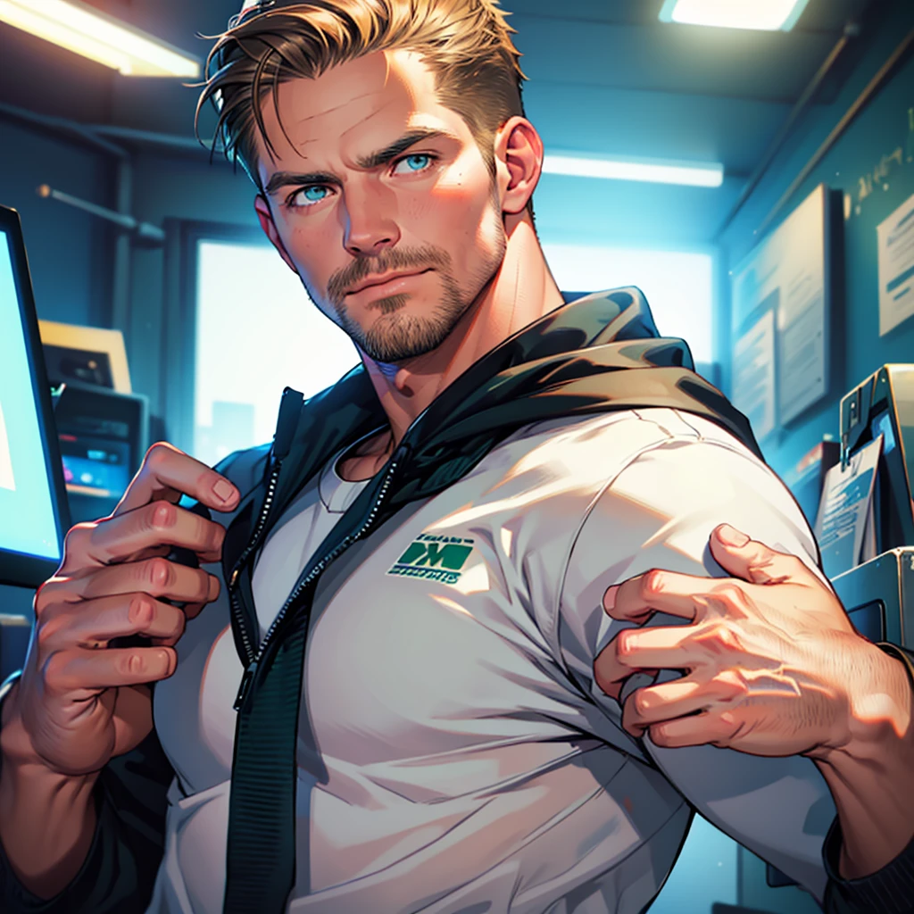 (Best Quality,32k,high resolution,Masterpiece),ultra detailed,(realist,photorealist,photo-realist),1 man Stephen Amell,45 years,mature man,very hund and handsome with well groomed facial hair,without expression,muscled body,short dark blond hair,Blue green eyes,glare,perfect face without mistakes,imposing posture,businessman,office background,cinematic lighting,imagen HDR
