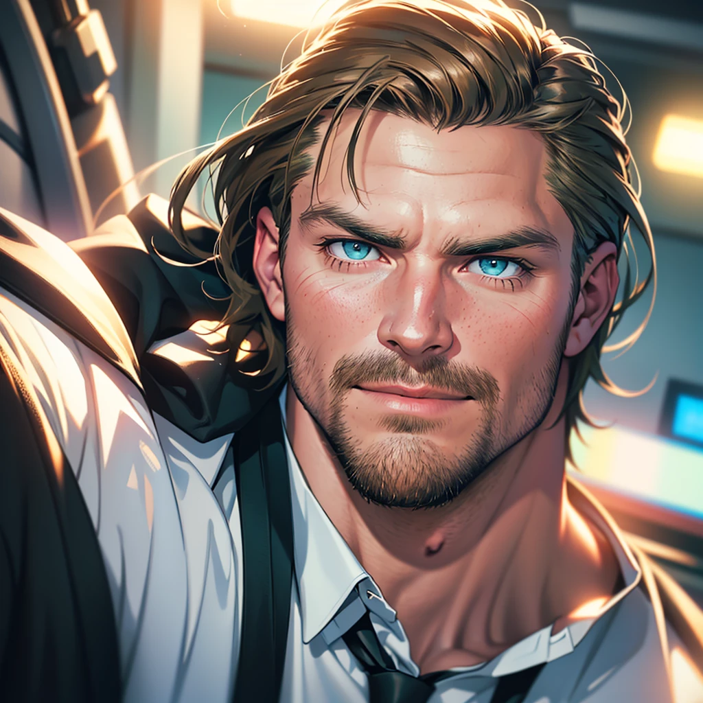 (Best Quality,32k,high resolution,Masterpiece),ultra detailed,(realist,photorealist,photo-realist),1 man Stephen Amell,45 years,mature man,very hund and handsome with well groomed facial hair,without expression,muscled body,short dark blond hair,Blue green eyes,glare,perfect face without mistakes,imposing posture,businessman,office background,cinematic lighting,imagen HDR