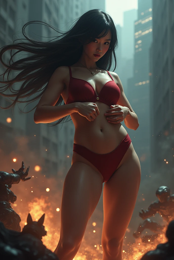 (shinto priest costume bikini) (flying all over the city) (long mechanical arms sprouting from her back) (grappling buildings) (high tech glowing gauntlets) (lace thigh highs)  (superhero poster shot) (64k uhd super detailed dramatic) (wide camera 24mm canon eos r850) (from below)