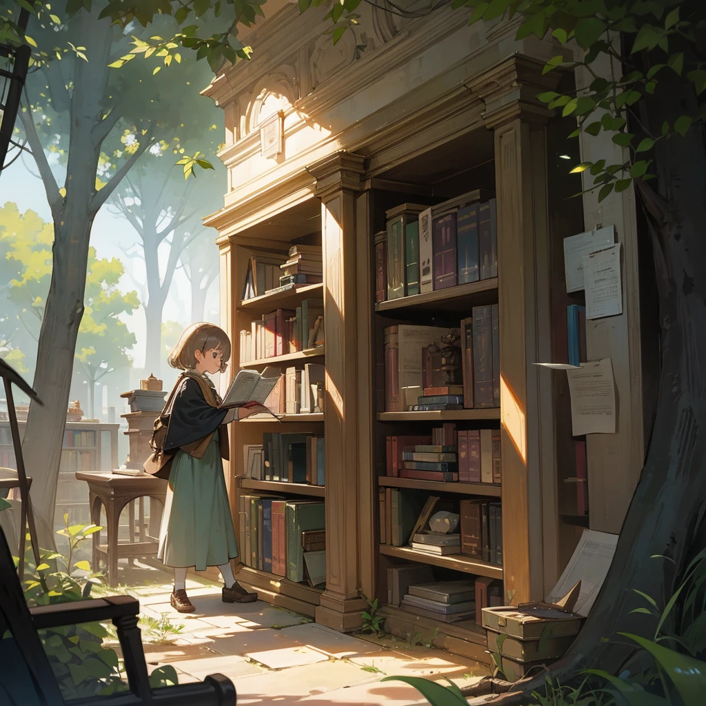 Discovering the Library:Lila finding an ancient, hidden library nestled among the trees, with cobweb-covered shelves and dusty books.