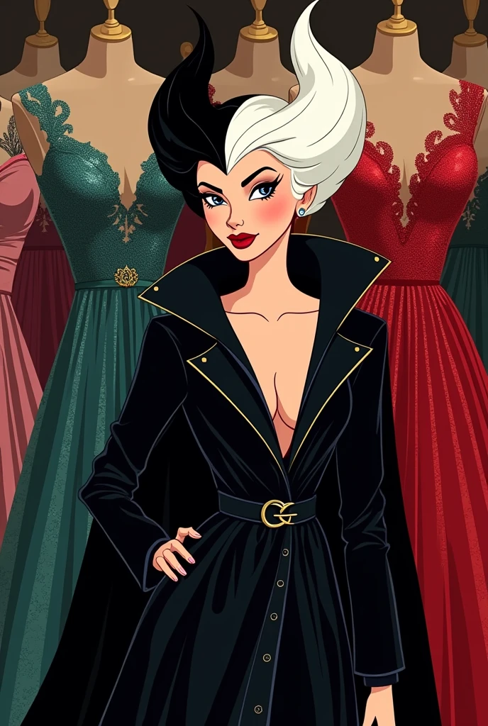 Logo for a Cruella de Vil boutique with dresses around it
