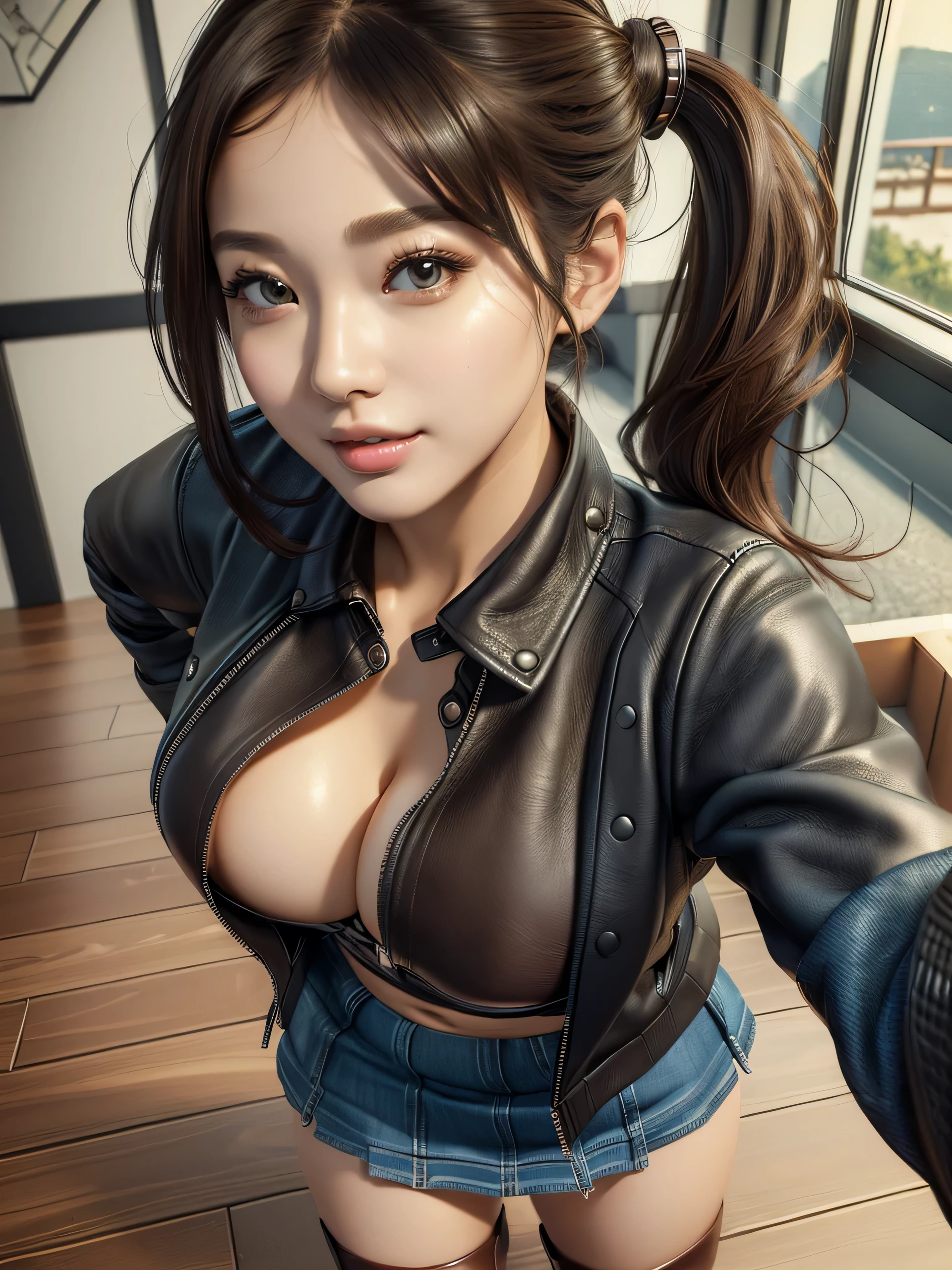 (best quality, masterpiece:1.5), (ultra-detailed, realistic:1.37),4K,(woman:1.5),korean,cute,beautiful,(black leather jacket:1.2),(T shirts)(denim pattern skirt),(big breast),(bra),(brown long boots),short cut hair