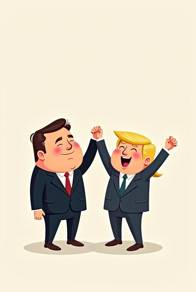 Elon musk with Trump, Elon musk holds Trump's hand victoriously, Trump wins, Minimalist cartoon drawing,Big head, sleepy body, happy,