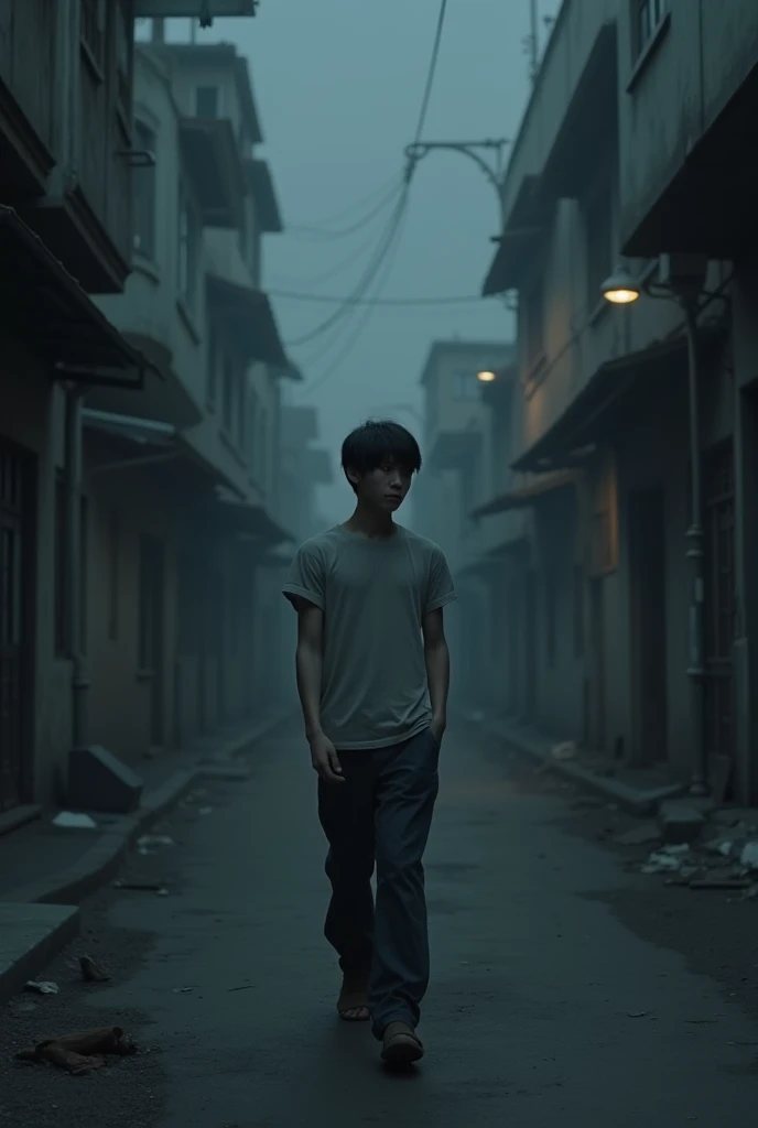A young male,Slender figure,Short black hair,Wear simple clothes,A look of helplessness and loss,Put your hands in your pockets,Eyes downcast, A dark street,The buildings on the roadside are a bit dilapidated,The dim street lights emit a weak light,There was no one around,Looks and deserted, ,