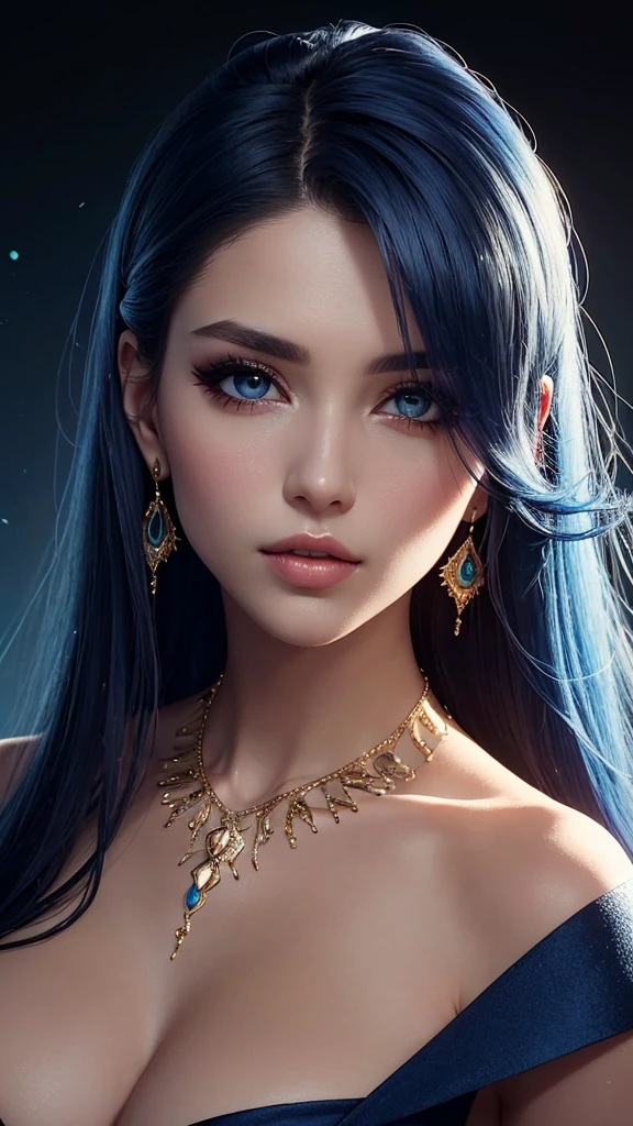 Fantasy, ultra detailed beautiful woman, voluminous breasts of a 25 year old woman, stunningly beautiful, stylish dark blue hair, black dress, Golden eyes, Her entire head is visible with hair, dark green gemstone necklace, earrings, gold eyeshadow is visible on her eyelids and eyeliner on her eyes, very long eyelashes, Stunningly beautiful face, Focus on the face, holographic, Light particles, ultra detailed illustration, hit definition, Very bold and bright colors, permission 32K, Best quality, Volumetric lighting, “Best quality”, "masterpiece", half of her body is visible, the top of her body is visible, ultra realistic, high quality detailing, Fantasy dress