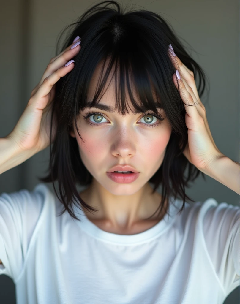 RAW photo, best quality, masterpiece, photorealistic, Polish girl, 20 years old, black hair, Light grey eyes, short bob cut, hair in 7 thirds, hair over one ear, Symmetrical eyes, solo, White skin, Detailed Skin, Detailed face, Big Breasts, rip gloss, blush, wet hair, White T-shirt, gel nails, Her face is shocked, she touches the top of her head with both hands, Surprised face, she is touching the top of her head with both hands, upper body