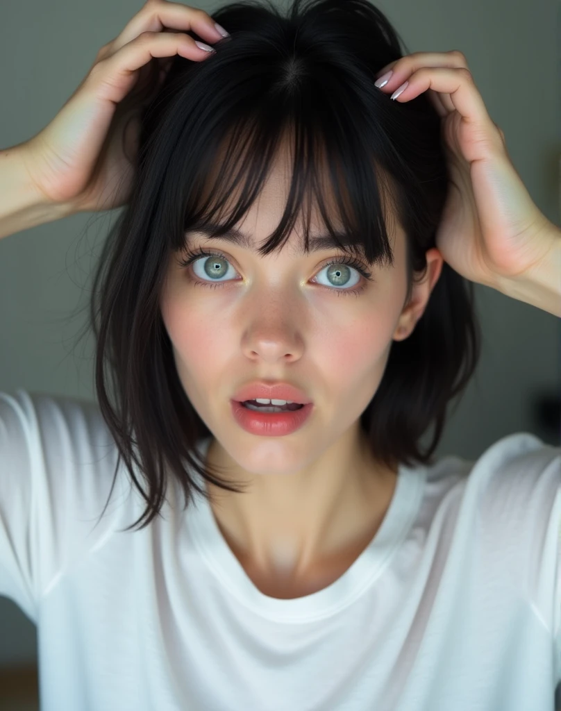 RAW photo, best quality, masterpiece, photorealistic, Polish girl, 20 years old, black hair, Light grey eyes, short bob cut, hair in 7 thirds, hair over one ear, Symmetrical eyes, solo, White skin, Detailed Skin, Detailed face, Big Breasts, rip gloss, blush, wet hair, White T-shirt, gel nails, Her face is shocked, she touches the top of her head with both hands, Surprised face, she is touching the top of her head with both hands, upper body