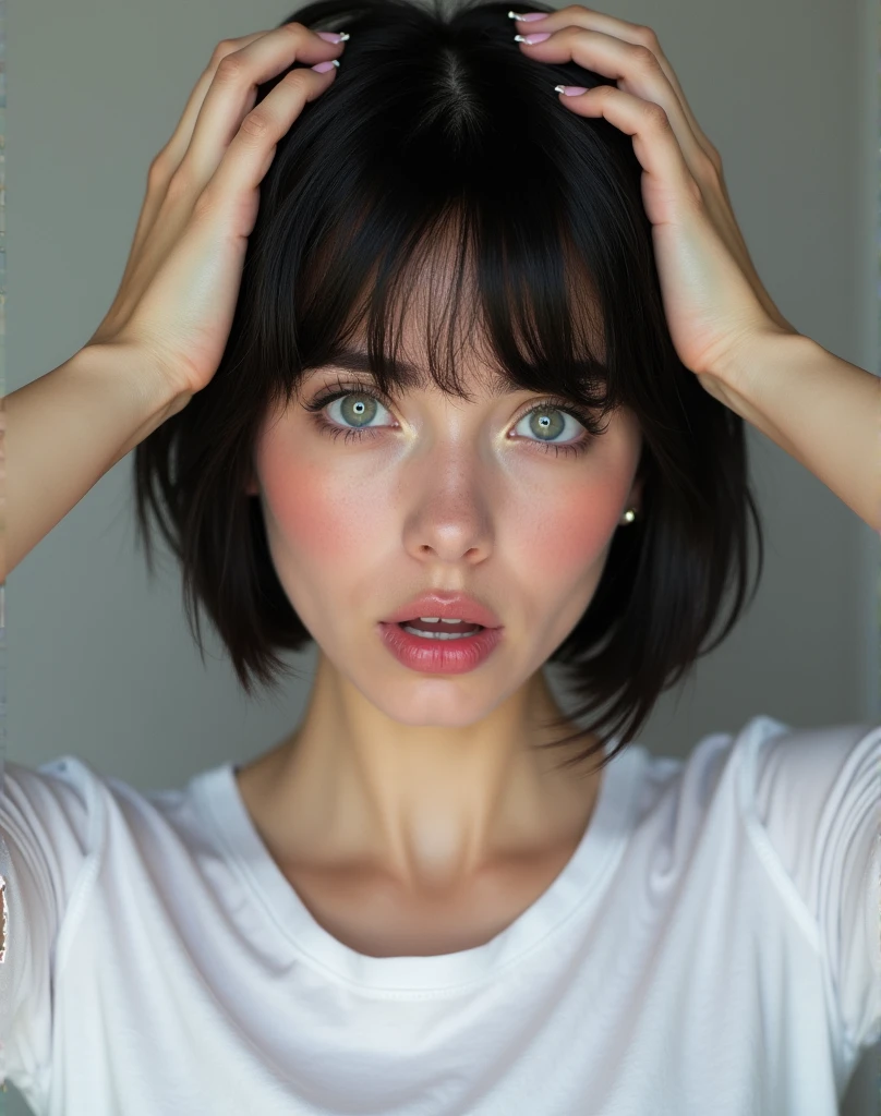 RAW photo, best quality, masterpiece, photorealistic, Polish girl, 20 years old, black hair, Light grey eyes, short bob cut, hair in 7 thirds, hair over one ear, Symmetrical eyes, solo, White skin, Detailed Skin, Detailed face, Big Breasts, rip gloss, blush, wet hair, White T-shirt, gel nails, Her face is shocked, she touches the top of her head with both hands, Surprised face, she is touching the top of her head with both hands, upper body