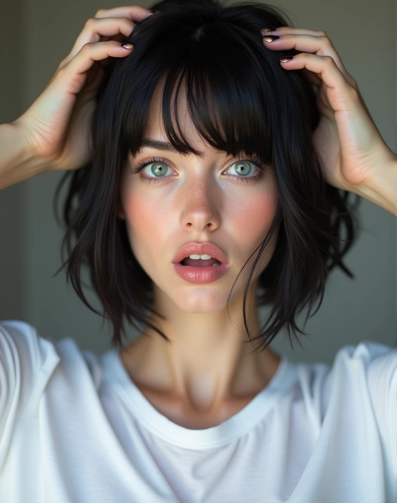 RAW photo, best quality, masterpiece, photorealistic, Polish girl, 20 years old, black hair, Light grey eyes, short bob cut, hair in 7 thirds, hair over one ear, Symmetrical eyes, solo, White skin, Detailed Skin, Detailed face, Big Breasts, rip gloss, blush, wet hair, White T-shirt, gel nails, Her face is shocked, she touches the top of her head with both hands, Surprised face, she is touching the top of her head with both hands, upper body