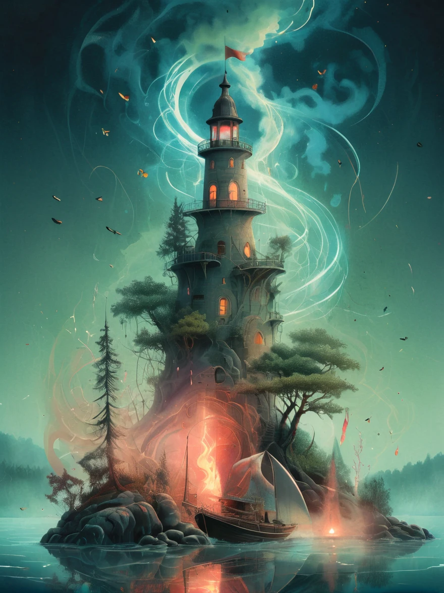 isometric cutaway page, sailboat, tower, island, light particles, lined lighting, in misty fog, dark fog background, 
magical creature, curved trees, heavy fire on the background, fire vortex, water vortex, reflections, wind vortex, stone vortex, damage paper, drowning, red fog, blue fog, green fog, white fog, 
emergency countermeasures, scorching weather, synthwave, 
fireflies, complex background, intricate details, 
suthin tones, hyperdetailed, muted colors, faded ink, ink smears, ink stains, ink splashes, ink illustration,