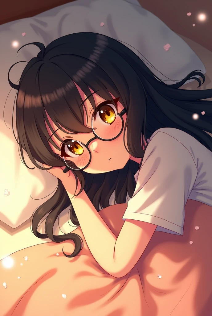 (Tabletop:1.0), (highest quality:1.4), (High resolution:1.2), from side,Sharp contours,  boyish, highest quality, masterpiece,Glasses,Voice of the Heart,yandere,nsfw,on bed,nude,facial,excessive cum,press my chest together,lie face down,upper body,on bed,ecstasy,saliva,blush,squinting,heterochromia,