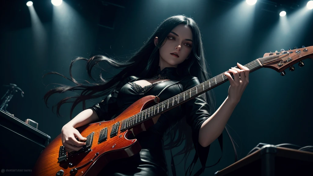 Imagine an incredibly beautiful woman, a vampire with porcelain skin and long, flowing black hair that cascades down her back like a night waterfall. Your eyes shine with an unearthly intensity, two glowing red orbs that seem to burn with an inner fire. She is on a dimly lit stage, surrounded by a halo of spotlights that cast an eerie glow over her pale skin. In your hands, she holds a sleek black electric guitar, its body adorned with intricate gothic carvings that seem to glow and sparkle in the light. The guitar neck is long and thin, perfect for your delicate, vampiric fingers to dance. While she plays, the strings seem to scream and wail, the sound waves pulsing through the air like a living thing. The stage is set with a backdrop of dark and crimson curtains, that seem to wave and sway in the wind like a dark, malevolent entity. The floor is covered in a sea of Marshall amplifiers, their stacks towering above the vampire like sentinels of sound. The air is thick with the smell of sweat, smoke and ozone, the very electric atmosphere of anticipation. Lighting is a key element of the scene, with spotlights and strobe lights casting an unearthly glow over the vampire and her instrument. The lights appear to pulse and strobe in time with the music, Creating a hypnotic effect, trance-like, in the audience. The general mood is one of high-energy excitement, the vampire's music is contagious and impossible to resist. The vampire's gaze is direct, his eyes fix on the viewer with an unnerving intensity. His expression is one of fierce concentration, her brow furrowed in effort as she blasts out the complex, intricate riffs of her heavy metal song. His lips are curled into a snarl, revealing razor-sharp fangs that seem to glow with an inner light. She wears a black leather jacket, adorned with metal studs and pointed shoulders