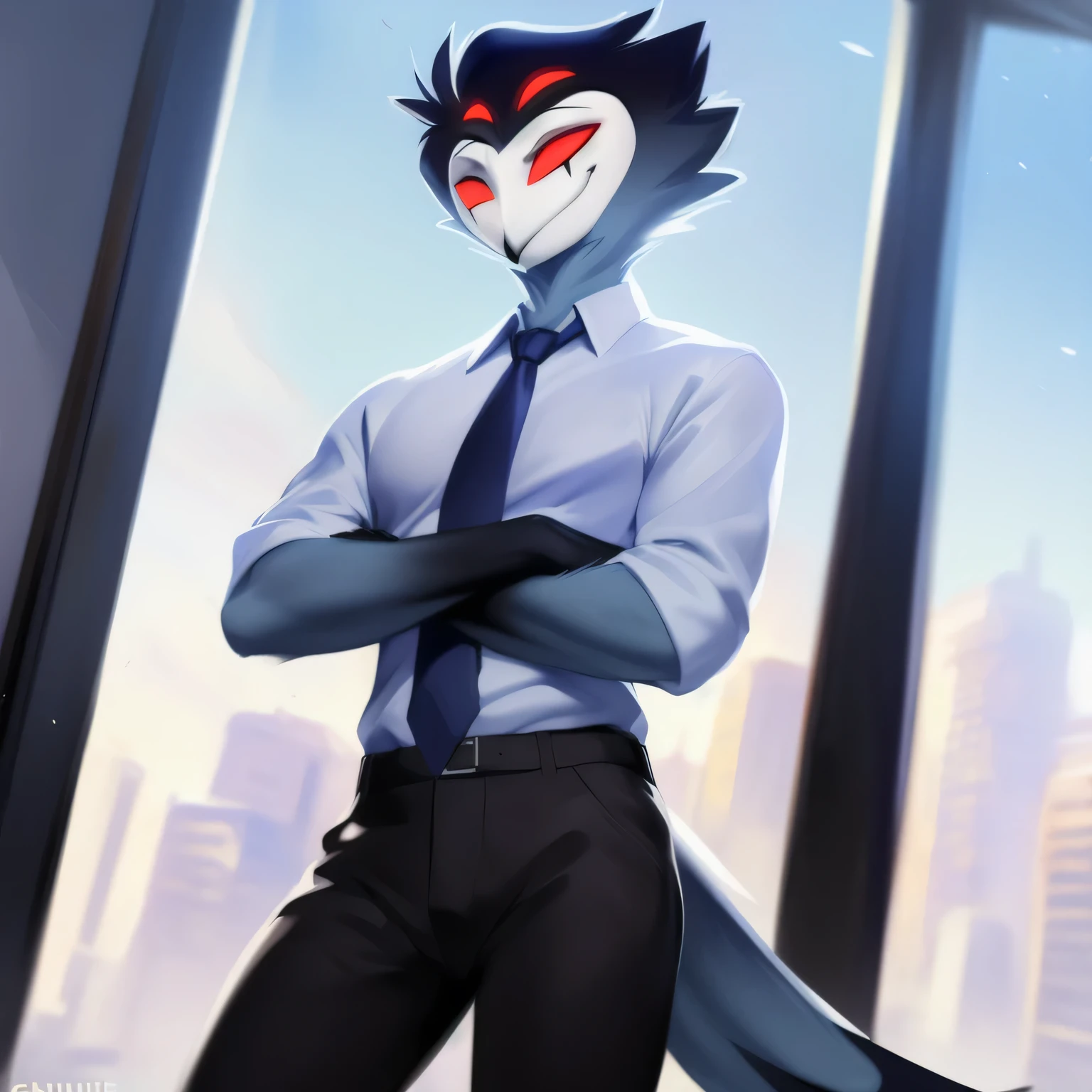 (furry art, climb on e621), ((stolas)), (the second, furry), SFW, smile, (dutch angle shot), Tilted, bright Eyes, smile afectada, (Black pants, light blue suit, (blue tie)), ((shirtless)) eyebrows, Crossed arms, (decolaed office background), 1 chico, gray fur, short hair, black fur, White face, female, (athletic), black legs, black hands, Alone, four eyes, lifted cola, (cola), Red eyes, extra eyes, (standing), por zackary911, by Chunie, (by place:1.2), by kiyosan, by sigma, masterpiece, (Best Quality:1.2), sharp image, decolaed image, showy, vibrant colors, take off makes, perfect lighting, perfect shadows, Perfect eyes, perfect face, (decolaed background, depth of field), (4k, 2k, shading, absurd resolution),