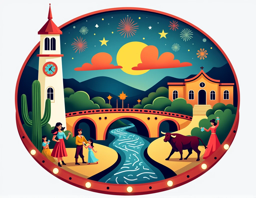You can generate a logo for a small town fair, that says FEREPI 2025 with vibrant colors that include a white clock tower with a pointed cherry tree, also a church on the cutting edge of Spanish architecture, Graphically with few details with colored clouds in the background, includes river arches of zacatecas, a hill behind, some dancers and a bullfighter fighting a bull, Add cactus and tuna to the center tambien agrega elementos de feria y que la tematica de color sea nocturna con fuegos artificiales