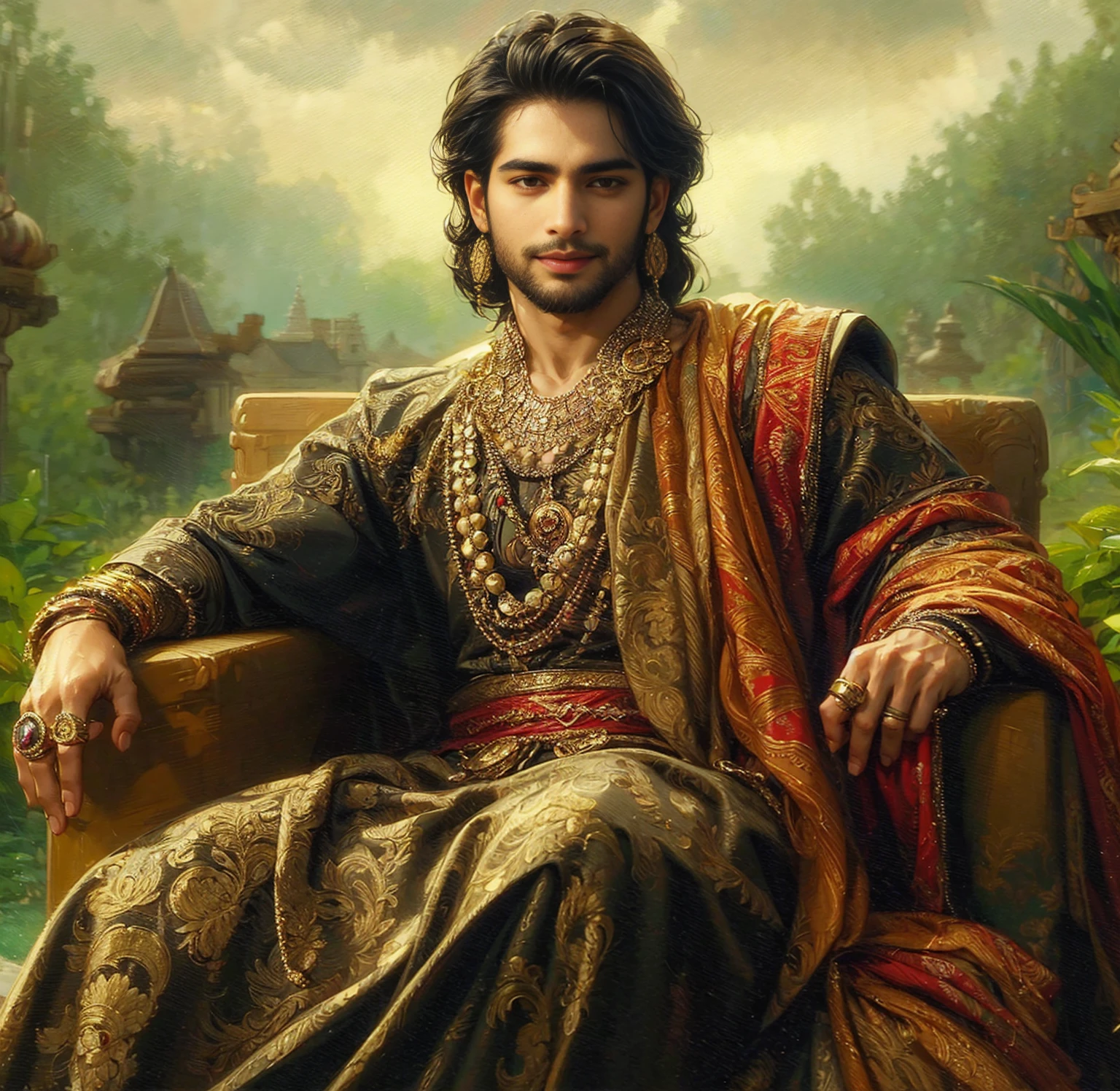 (absurdres, highres, ultra detailed, HDR), masterpiece, best quality, ancient Indian costume, handsome indian man, smirk smile on face, black hair, well build body, fascinating surrounding, bare chest,handsome boy, wide eyes, anime eyes, detailed interior, realistic same hair, small smile, traditional Hindu outfit, realistic same background nature, calm face, realistic light, realistic shadow, realism, hyper realism