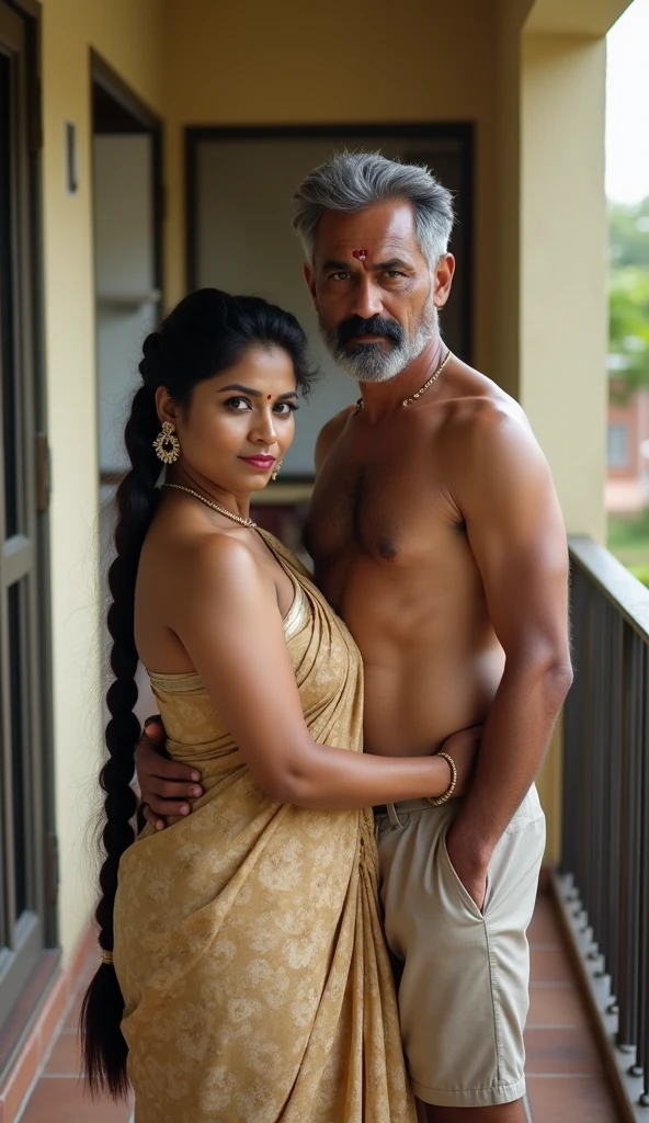 Newly wed indian couple, hot slim curvy white south indian milf with long single plaited hairstyle, big breast, big hip, very big ass, thick thighs, woman wearing home dress, cleavage, indian couple, very short indian black old man with short haircut, skinny body and big moustache, man wearing shorts, woman with man, couple in house balcony, high resolution, couple looking at camera, tall woman and short man, close-up potrait, Closed Mouth, serious face, front full body view, in kitchen, bright lighting, man hugging from behind