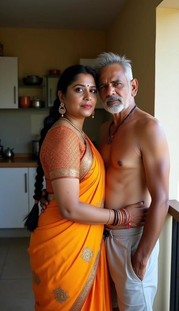 Newly wed indian couple, hot slim curvy white south indian milf with long single plaited hairstyle, big , big hip, very big , thick thighs, woman wearing home dress, cleavage, indian couple, very short indian black old man with short haircut, skinny body and big moustache, man wearing shorts, woman with man, couple in house balcony, high resolution, couple looking at camera, tall woman and short man, close-up potrait, Closed Mouth, serious face, front full body view, in kitchen, bright lighting, man hugging 