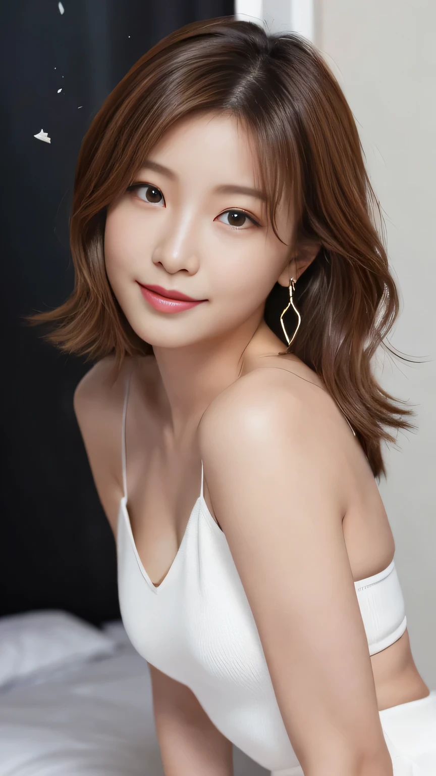 (Highest quality, Flying debris, Realistic photos, Very detailed, Ultra-high resolution, to be born:1.3), (1 female, Beautiful Japanese actresses, 2), (A shy smile), Detailed face,Flashy makeup using red eyeshadow,Large ring earrings,Light blonde delicate medium cut hair,The tips of the hair are wavy,Elegant hairstyle,Beautiful Eyes, Slender actress,Small breasts, (mini skirt dress), ( From beh de d), A glimpse of white panties,