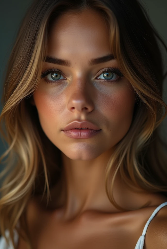 Create a realistic beautiful young woman with brown skin details, clear eyes, dark blond hair, heart-shaped fleshy mouth with a poor face
