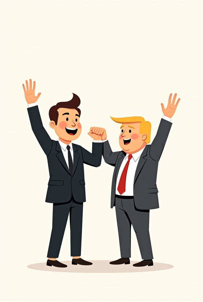 Elon musk with Trump, Elon musk holds Trump's hand victoriously, Trump wins, Minimalist cartoon drawing,Big head, sleepy body, happy,