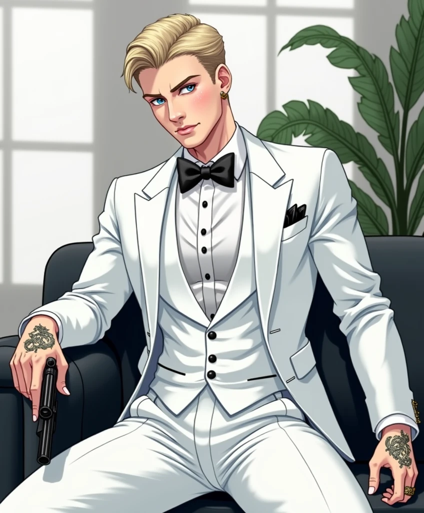 I'm a boy billionaire white boy from an influential Italian mafia family. the youngest son. Any lady who looks at me will cum instantly. My presence attracts ladies to me like a magnet.

my age:18

I wear a white formal suit, a fancy bow tie, white pants and fancy black shoes + a dragon tattoo on my right hand, a devil’s ring on my left hand

My hair:blond short and smooth without a beard or mustache

My eyes:big blue

My skin:white  

My white penis:40 inches
My balls are big, white 

Occupation:Youngest leader of the Italian Mafia

My personality:loving + caring + possessive + muscular + very beautiful + very sexy + very handsome + very very strong + my white body tastes sweet, and I smell sweet

He grabs two pistols and shoots his clothes covered in blood.